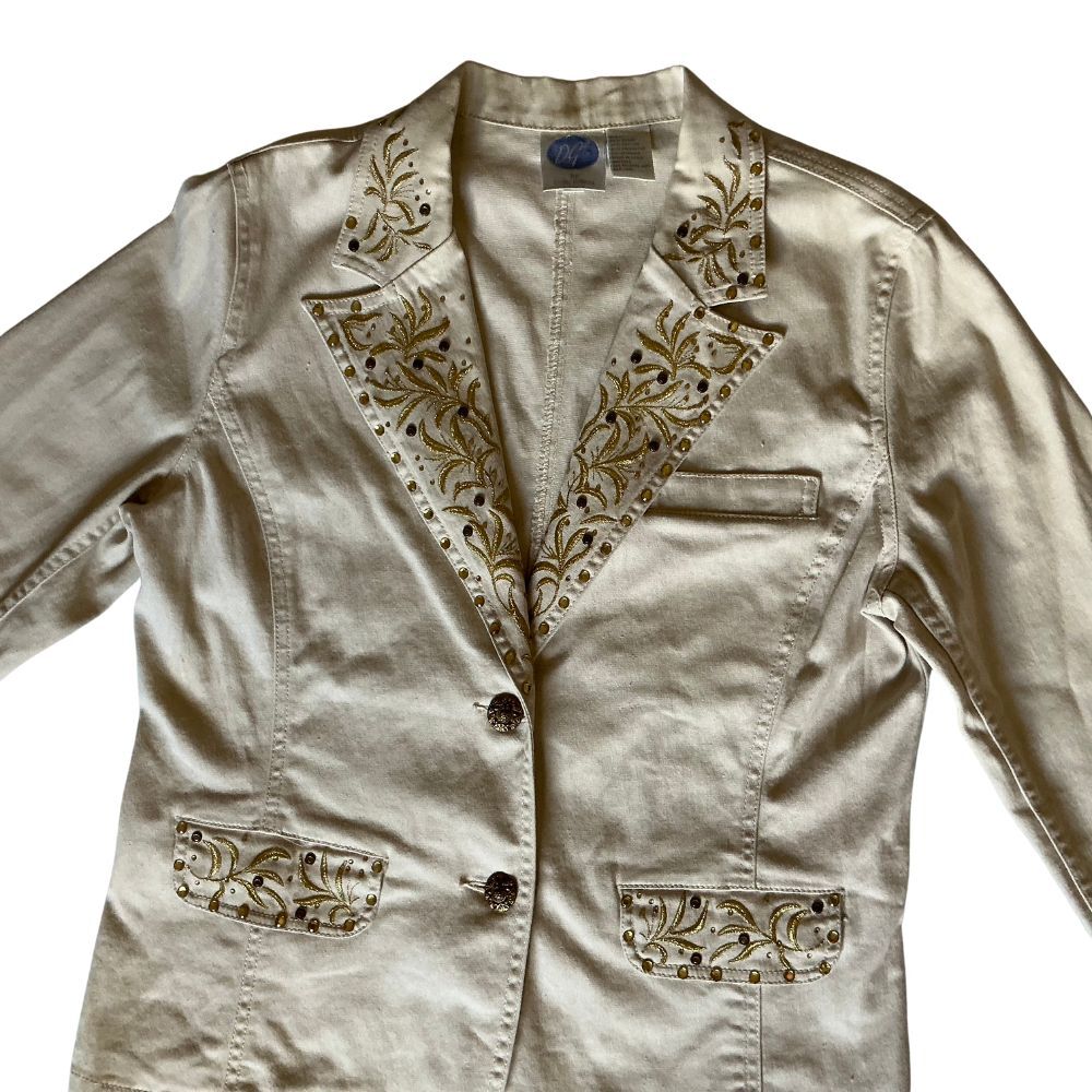 DG2 Diane Gilman Linen Blend Blazer Jacket Medium Beige Embroidered Studded Y2K